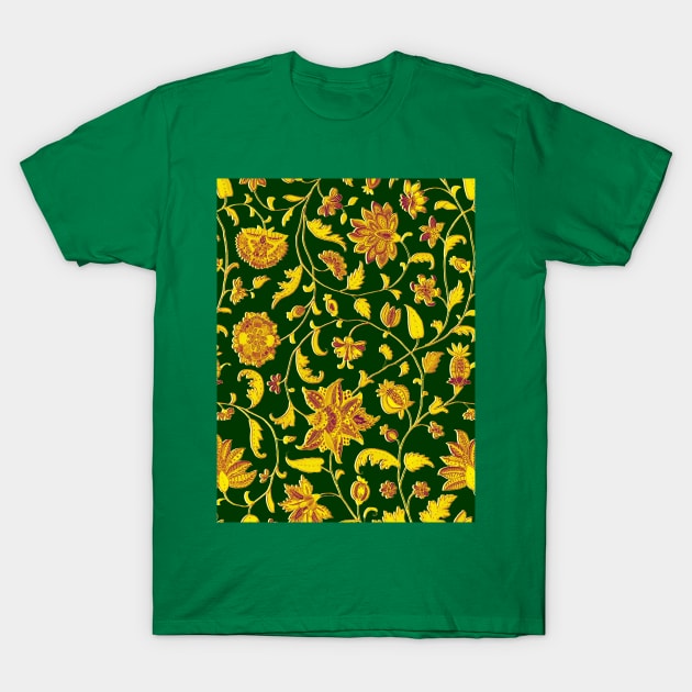 GREEN GOLD YELLOW GREEN POMEGRANATES ,POMEGRANATE FLOWERS, LEAVES Oriental Floral Swirls T-Shirt by BulganLumini